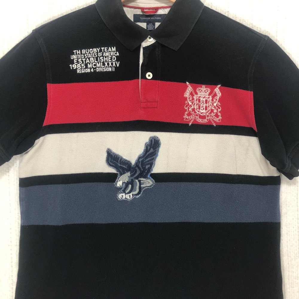 Tommy Hilfiger Mens Trim Fit Rugby Polo Shirt Black Red Striped‎ Eagle Crest L